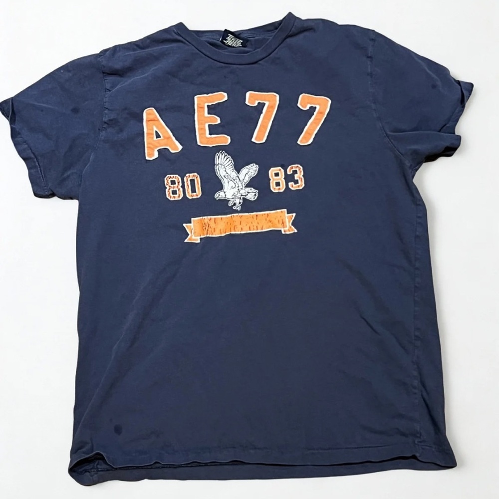 American Eagle AE77 Graphic Tee Navy Blue Distressed Logo T Shirt